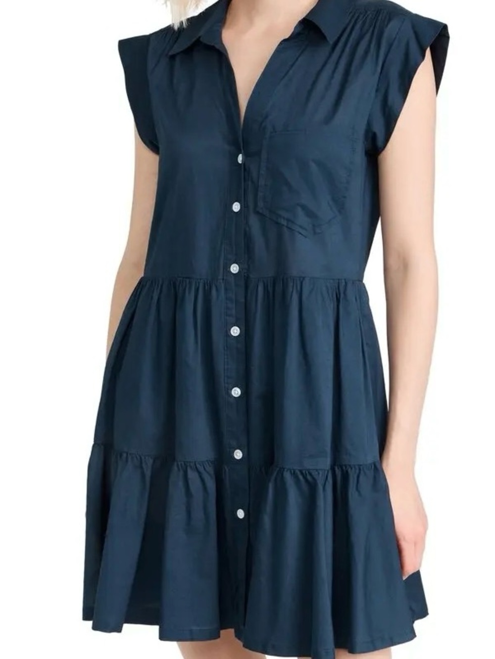 Veronica Beard “Trisha” Tiered Button-Front Poplin Shirt Dress in Navy